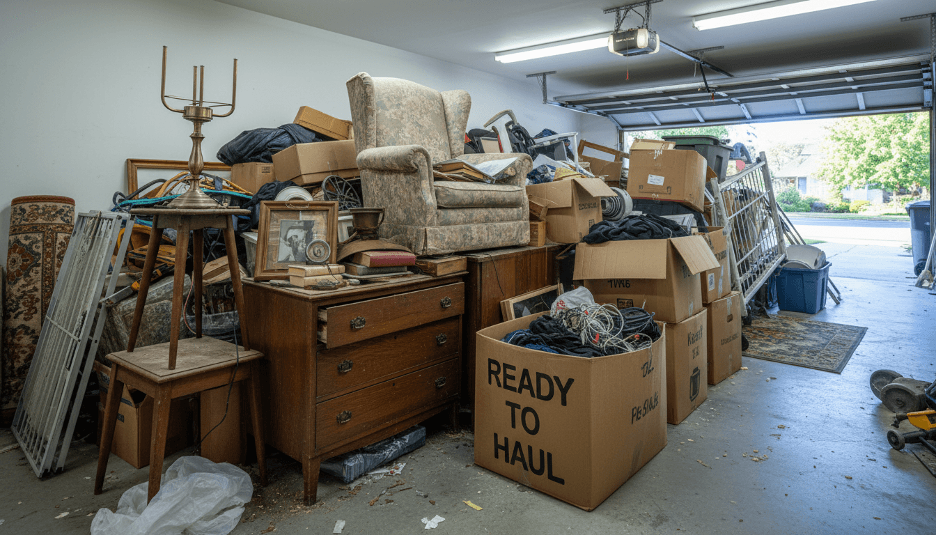Garage full of items waiting for a junk removal crew