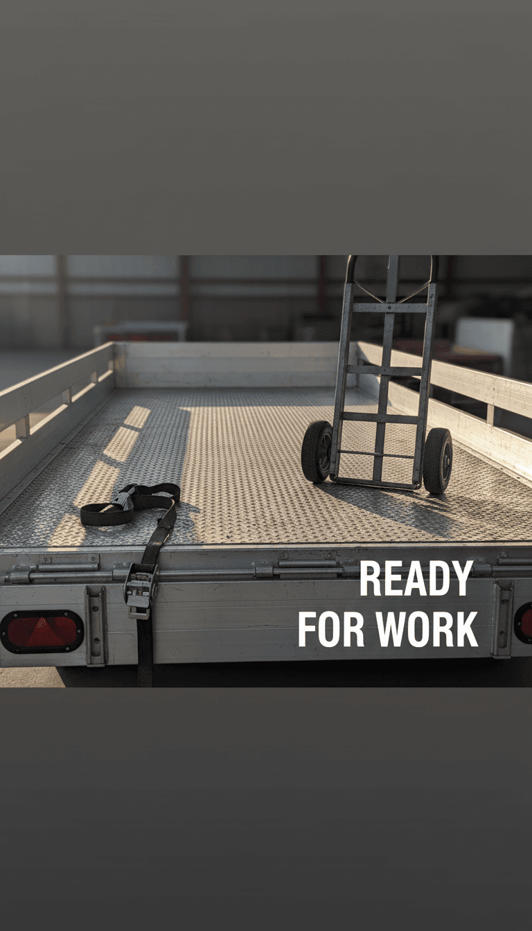 Empty trailer bed with a dolly leaning against it, ready for pickup