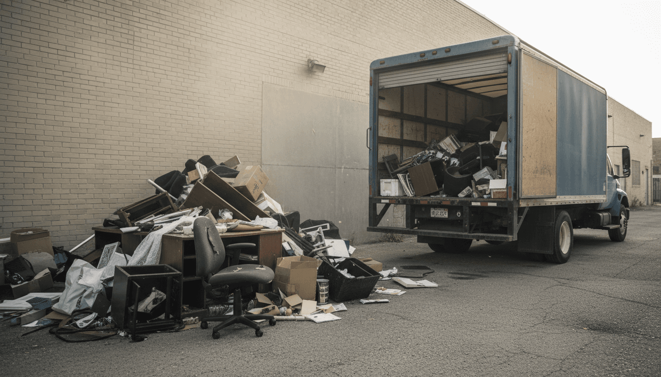 Commercial junk removal truck parked in a Grand Island alley with debris and office furniture stacked for a cleanout