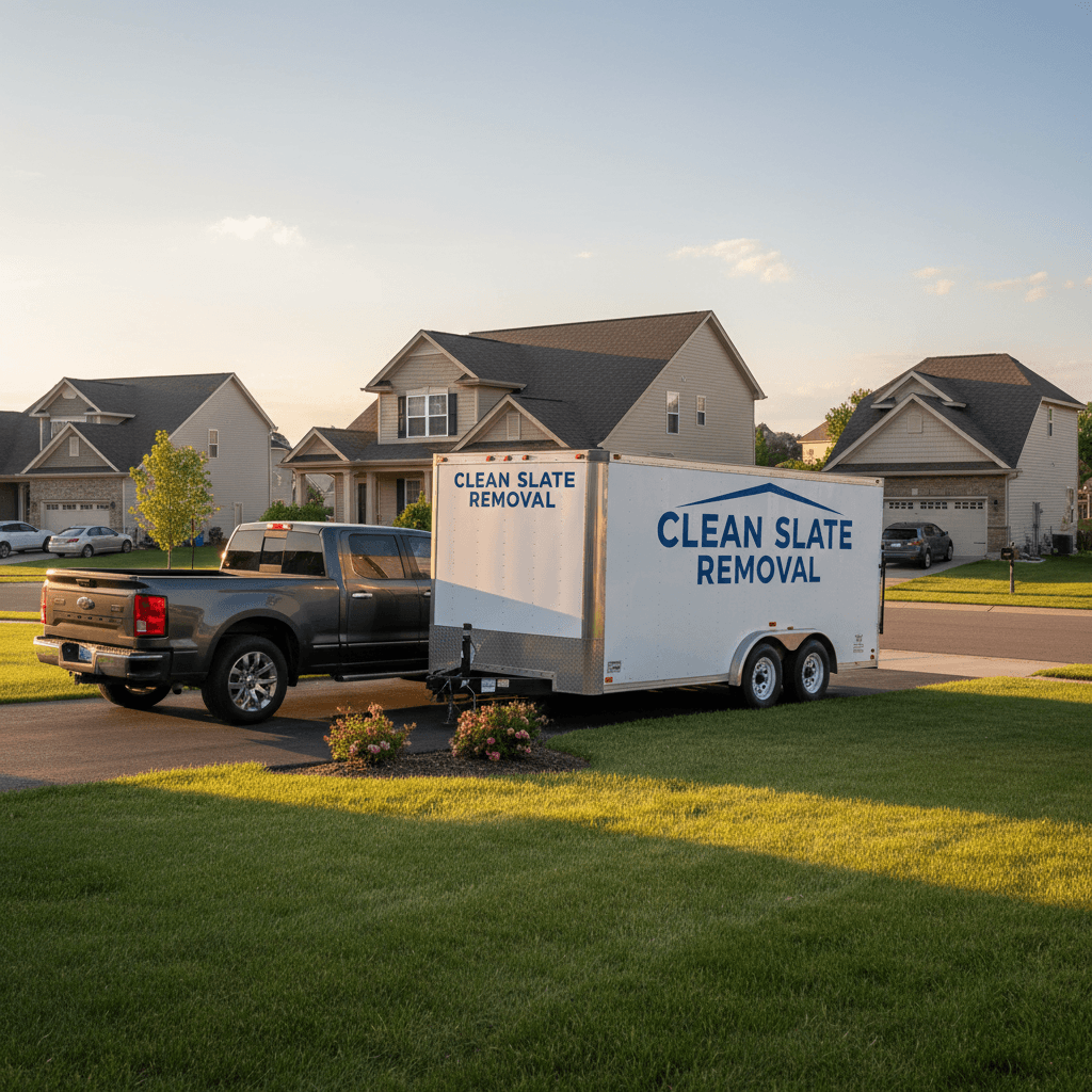Junk removal trailer parked outside a home