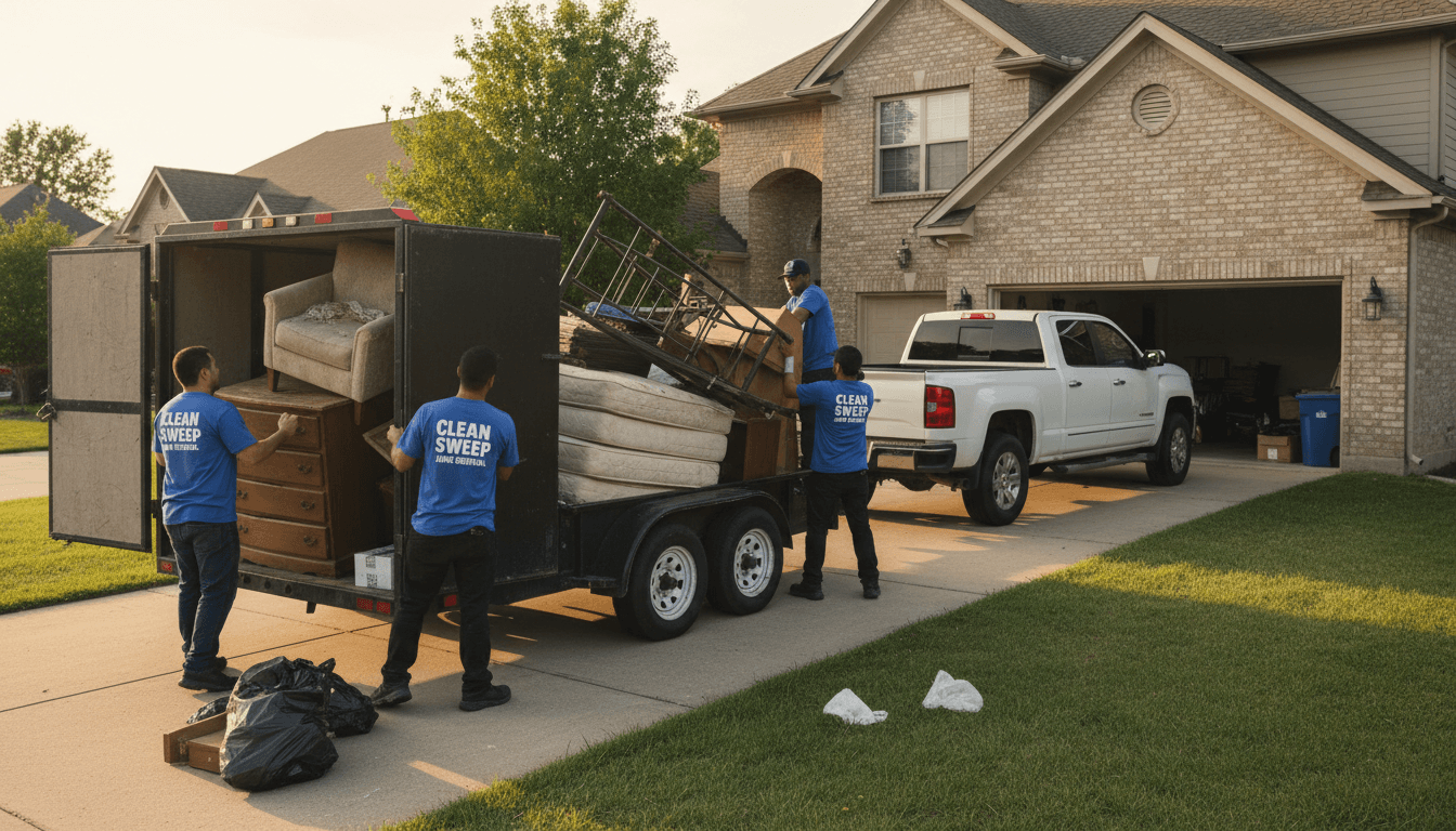 Junk removal crew loading furniture onto a trailer from a driveway