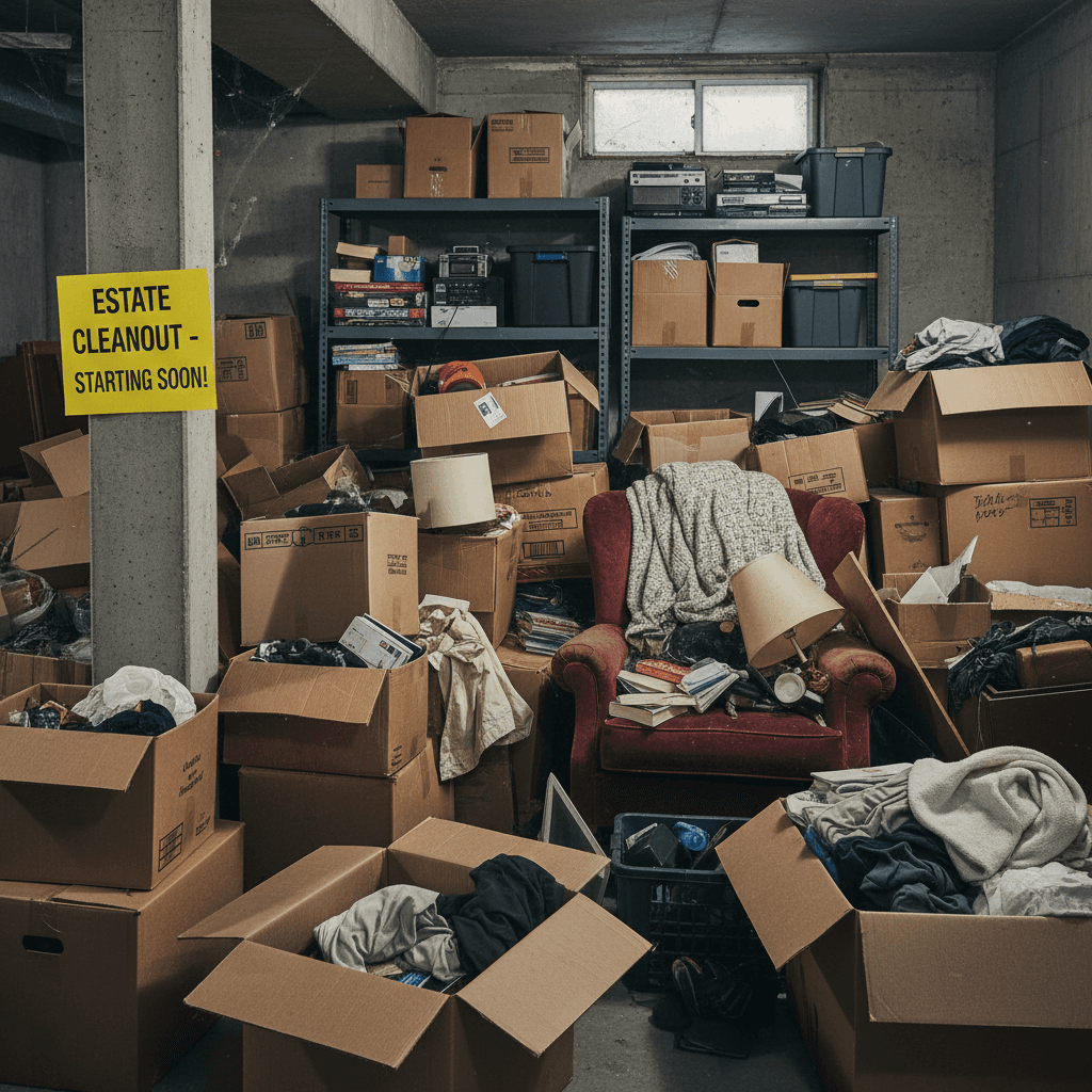 Cluttered basement before cleanout