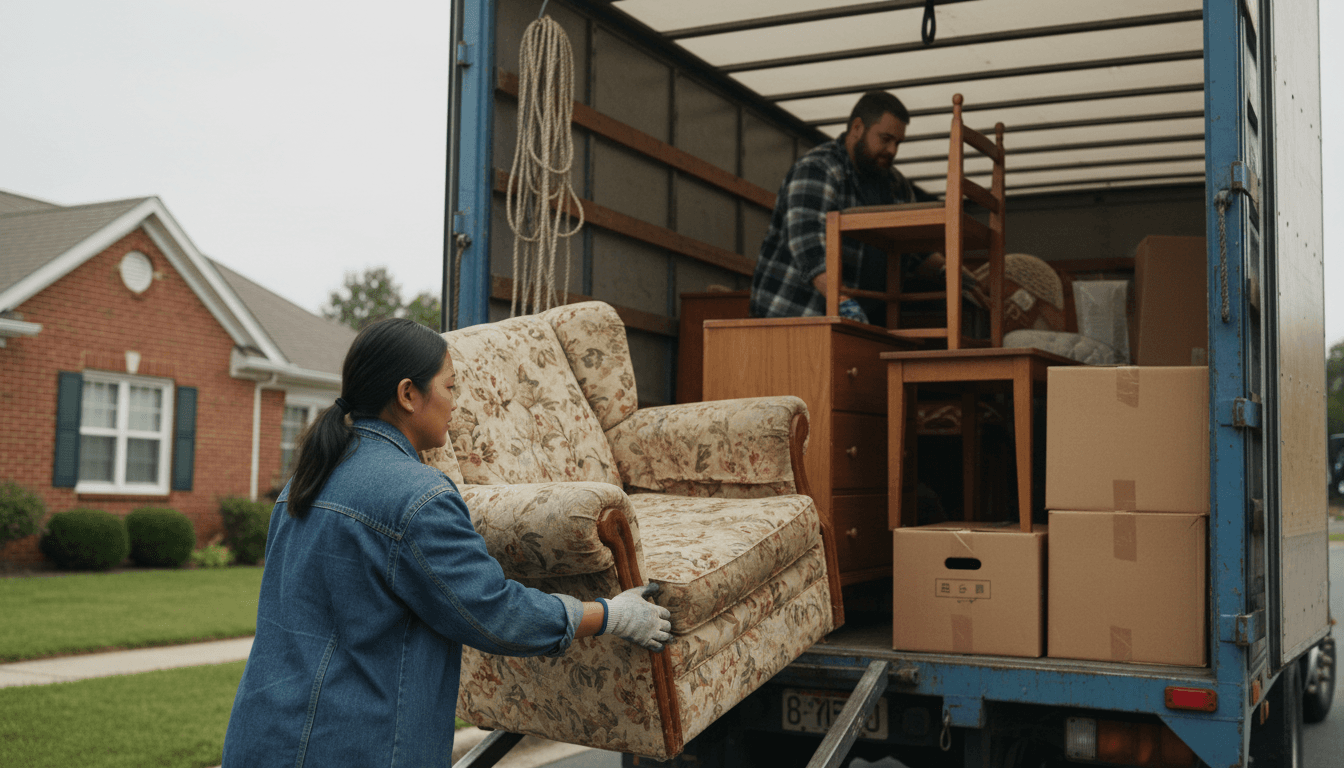 junk removal worker loading furniture into dump truck in driveway
