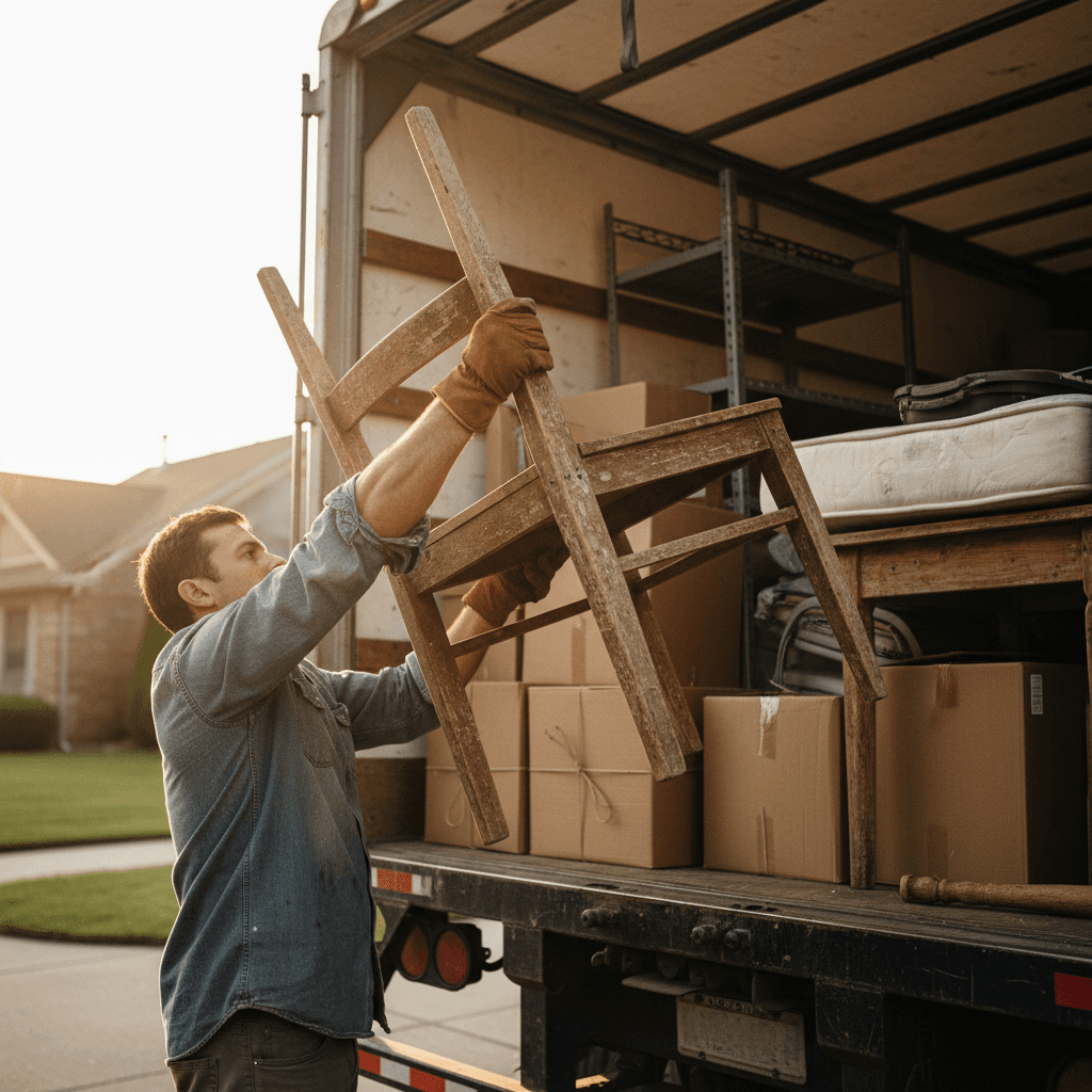 Loading heavy furniture onto a flatbed trailer in a residential driveway