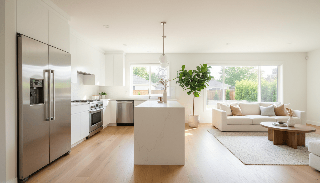 Bright, renovated single-family home kitchen and living room with modern appliances, white cabinetry, and natural window lighting
