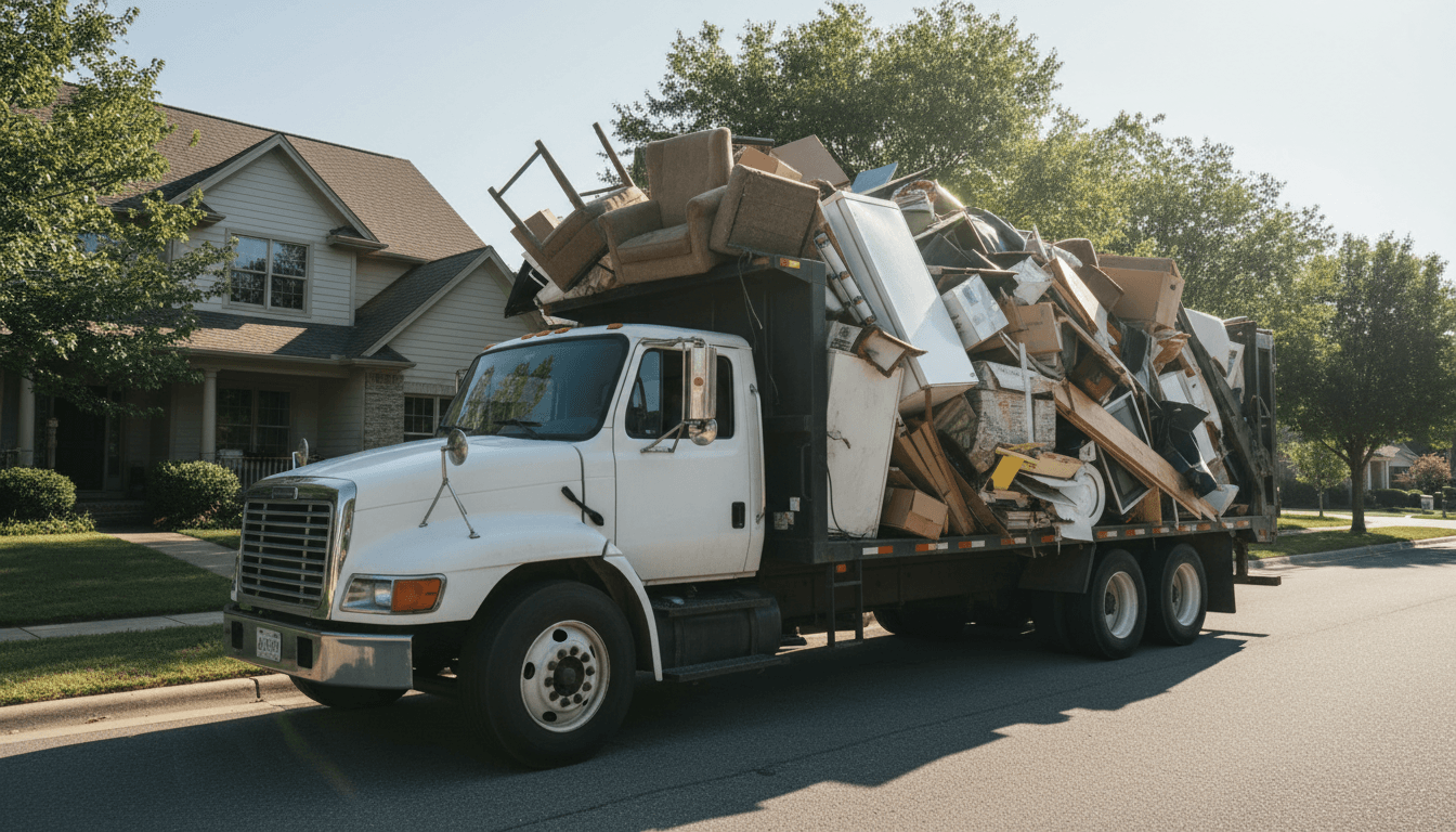 junk removal truck with a full load parked near a curb