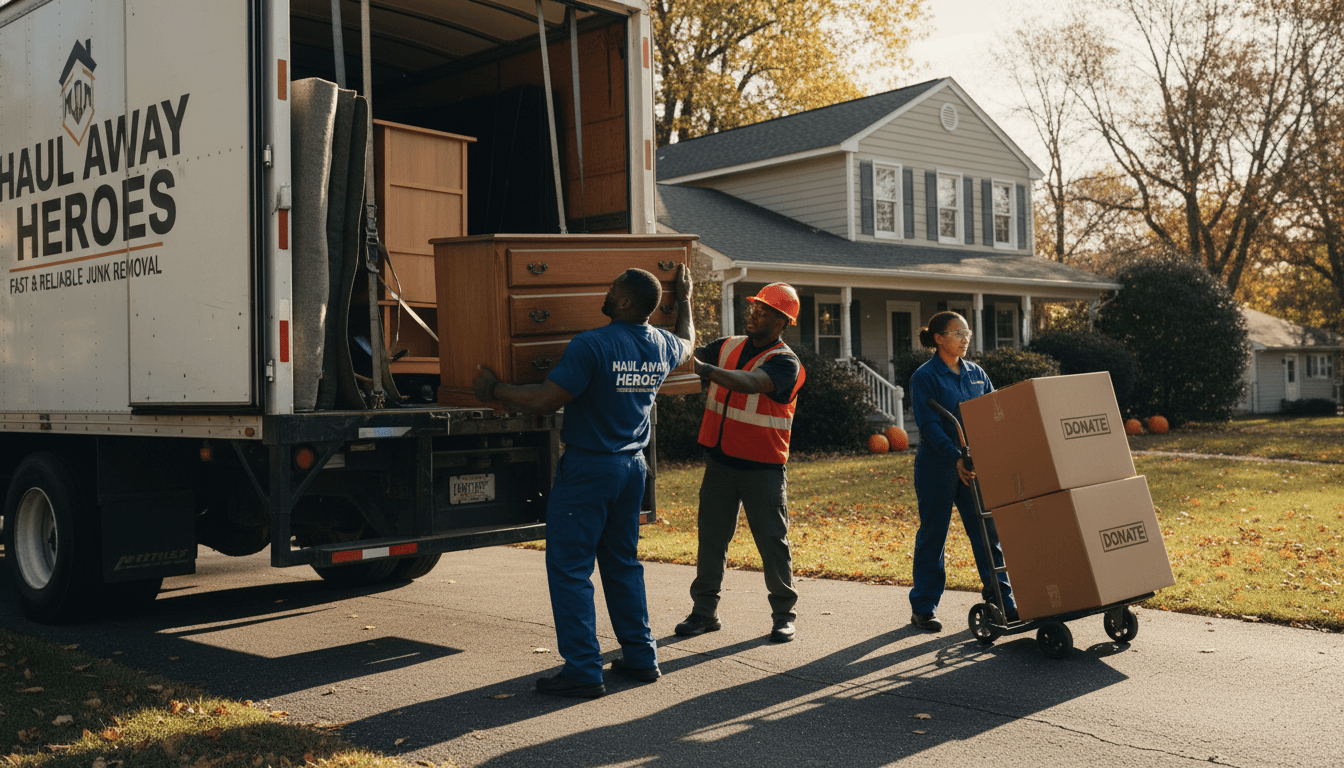 Junk removal crew loading a trailer