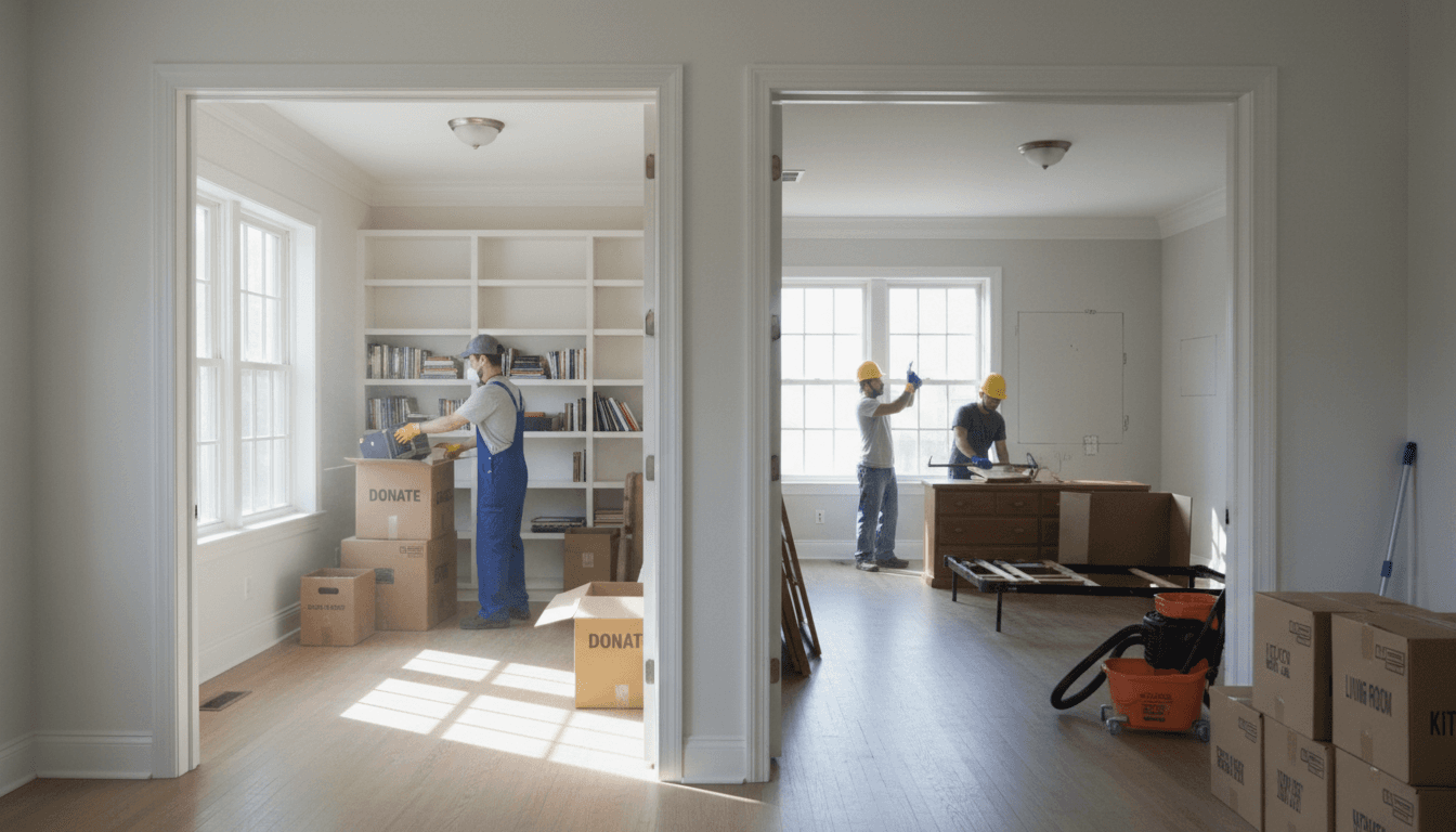Estate cleanout crew boxing household items in an empty living room with natural light