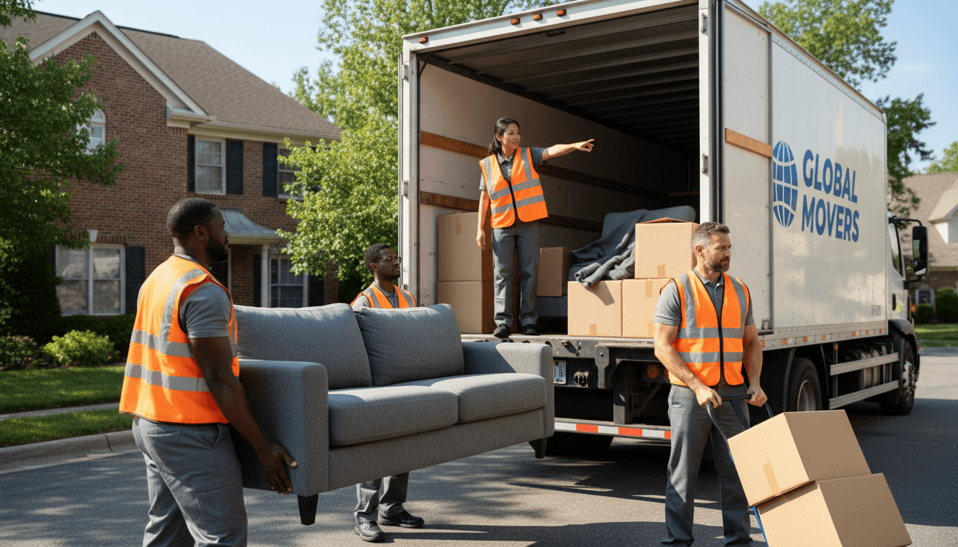 Junk removal crew loading a truck with furniture and debris in a residential driveway