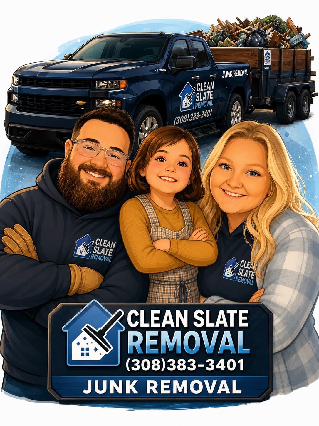 Smiling family illustration for Clean Slate Removal featuring a blue truck hauling a junk trailer.